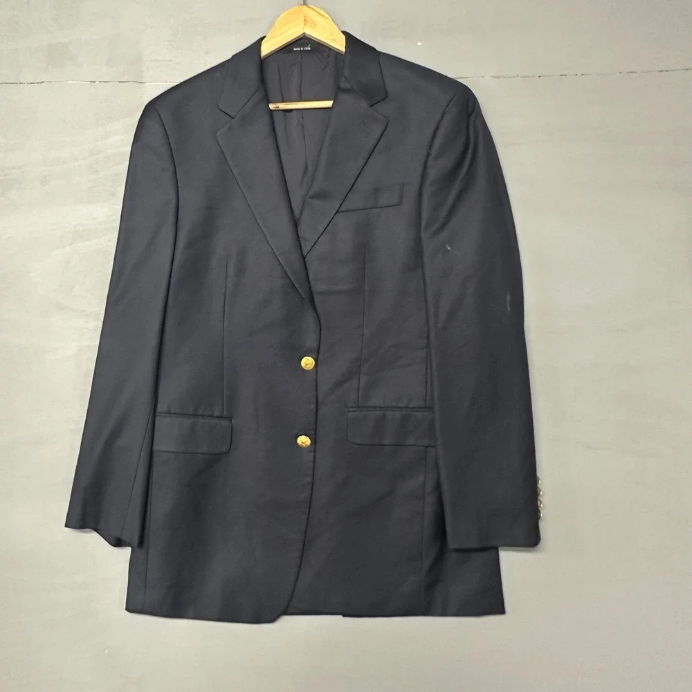 Lauren Ralph Lauren‎ Mens 40L Navy Blue 100% Wool Gold Button Blazer Jacket